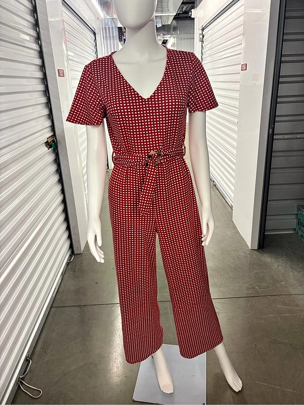 MONTEAU LOS ANGELES RED AND WHITE CHECK PRINT WIDE LEG JUMPSUIT SIZE S